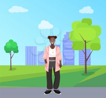 Smiling woman with dark skin, african female walking in urban park. City with skyscrapers view, girl in casual clothes, ethnic original, nation vector. Flat cartoon