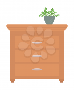 Chest of drawers with house plant in pot on top, isolated piece of furniture. Vector commode of brown color, bureau or night table with flower in vase. Flat cartoon