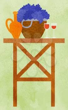 Wooden table with earthen jar, straw basket full of grapes and two glasses with red wine. Still life picnic, harvest festival concept vector illustration. Flat cartoon bunner for farm festival