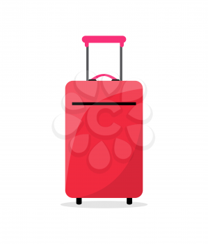 Bright red suitcase on wheels to travel abroad. Convenient device for luggage transportation. Full heavy luggage isolated cartoon vector illustration.