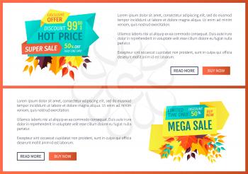 Hot price mega sale posters with text set. Super discount buy now limited time only. Autumn offer reduced prices special shopping proposals vector