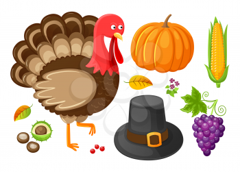 Pumpkin and Thanksgiving food, plates and symbolic dishes set vector. Turkey animal and corn, grapes and chestnut berries and hat, autumnal leaves