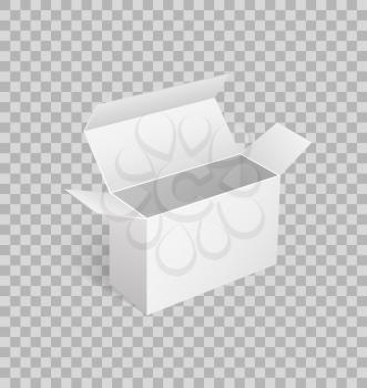 Open carton box of square shape in 3D isometric on transparent. Package icon for parcels transportation, pack for delivering goods, vector mockup