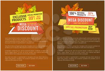 Advertisement posters with maple leaves. Autumn fall costs reduction web banner. Mega discounts on exclusive products special promotion 99.90 price buy now