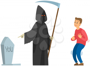Male character suffering from fear of death near skeleton in hoodie with scythe isolated on white background. Death with scythe in black cloak scares man. Guy looking at tombstone is afraid to die