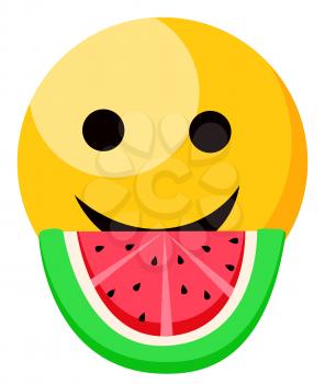 Emoji vector, isolated emoticon with watermelon slice flat style. Facial expression of character with eyes and mouth, eating food in summer. Fruit with seeds, smiley face expressing joy sticker
