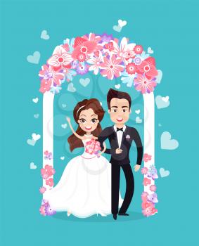 Wedding ceremony of couple standing together, portrait view of man in woman, smiling bride and groom, invitation blue postcard, romantic festive vector