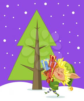Elf fairy character carrying heavy presents outdoor. Winter postcard with snow-falling weather and funny helper hero near fir-tree. Festive card decorated by snowflakes and gnome near tree vector