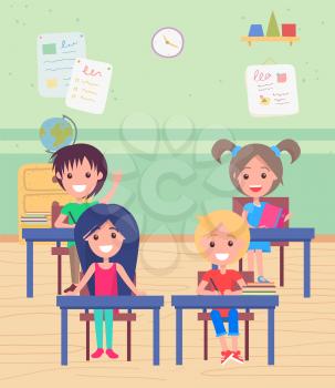 School education vector, pupils sitting by desk answering questions. Classroom with tables and chairs, globe and chest of drawers, studying kids. Back to school concept. Flat cartoon