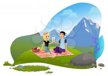 People drinking champagne in mountains vector, man and woman on nature having picnic. Natural environment and relaxation of pair green meadow flat. Mountain tourism