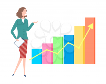 Worker giving presentation vector, infographic flat style, woman wearing formal clothes showing growing arrowhead, business concept and project results