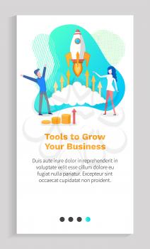Tools for growing your business vector, man and woman launching new project and looking on rocket, spaceship with arrows symbolizing success. Website or app slider template, landing page flat style