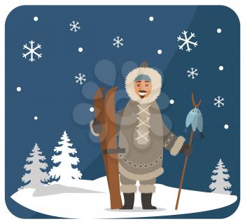 Smiling eskimo character in fur clothes holding wooden stick with fish on snowy landscape near fir-trees and snowflakes. Arctic postcard with happy hunter with skis under snow-falling weather vector