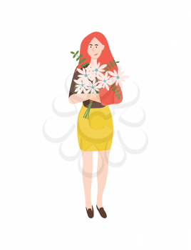 Leaves and flowers in bouquet vector, isolated woman holding daisy with leather fern filling. Female happy to get gift on international womens day