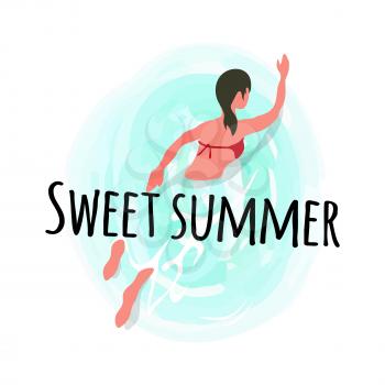 Sweet summer, woman swimming in blue water isolated label. Vector athletic lady in swimsuit, summertime sport activities, freestyle swimmer on rest