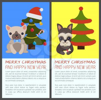 Merry Christmas and Happy New Year, banners set with dogs sitting calmly by pine tree ornate with garlands and bells with balls vector illustration