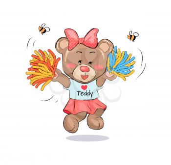 Lovely teddy girl in cheerleading uniform with poms in hands and bees helpers above vector illustration of sportive bear cartoon character isolated