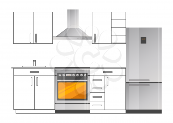 Kitchen room stylish design with modern appliances set. Capacious refrigerator and convenient stove with powerful hood isolated vector illustration.