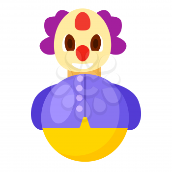 Roly-poly funny clown with violet hair, red nose purple jacket and round body isolated vector illustration on white background.