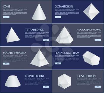 Octahedron and tetrahedron white figures group, cone and blunted cone, square and hexagonal pyramid, pentagonal prism, icosahedron vector illustration