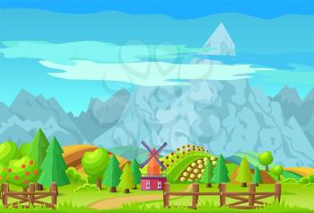Scene of mountains and greenery, windmill and mountains, path and bushes, sunflowers and trees, view of natural life isolated on vector illustration