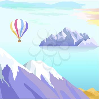Beautiful vector landscape with iceberg floating in sea, flying balloon under water and snow-covered mountain peaks on coast. Travel and exploding northern lands concept. Antarctic nature illustration