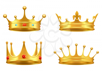 Golden crowns with gems 3d icons set. Shiny kings crowns with precious stones realistic vector isolated on white. Monarch power symbol illustration