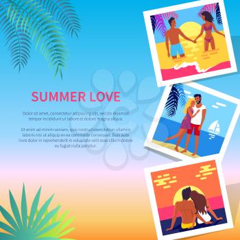 Summer love poster with photographs of lovely couple spending honeymoon or dating on tropical islands vector illustration with text
