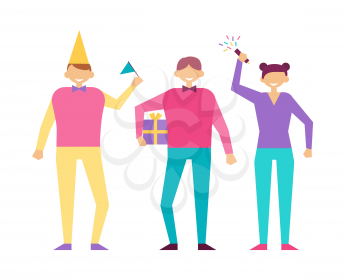 Positive people in cartoon style on birthday party isolated, man with gift box and flag, woman with flapper in hands, birthday party celebration concept