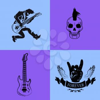 Forever rock music, icons with symbols of heavy music which are guitarist, skull and guitar, and wings with gesture called horns vector illustration