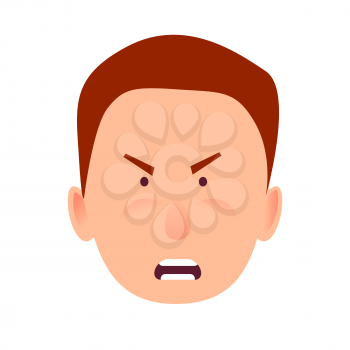 Irritated facial expression of man in flat icon on white background. Wicked and discontented look of brunette boy. Vector illustration of character and face emotions in cartoon style flat design.