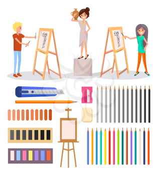 Happy students drawing girl posing with vase between them and collection of art supplies icons below isolated vector illustration on white