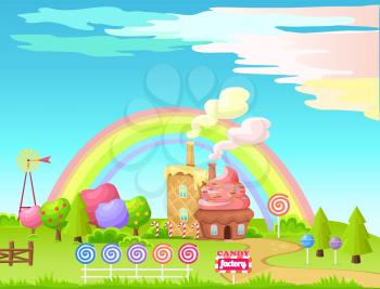 Candy factory cartoon vector concept. Fantastic landscape with cupcake and waffle houses, low poly garden, fence from candy and rainbow on background. Fairy game environment art illustration