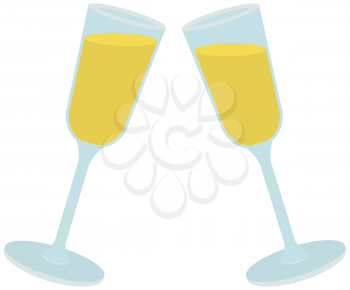 Two glasses with champagne isolated on white background. Festive drink, toast, holiday greetings. Celebrating holiday with sparkling wine. Sparkling wine, champagne in glasses vector illustration