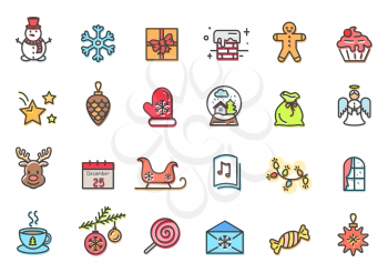 Christmas items collection, snowman and present, sweets and cookie, angel and reindeer, cup of hot tea and window with curtains vector illustration