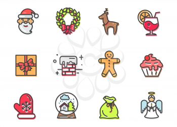 Christmas collection of items, Santa and wreath with bow, reindeer and cocktail, present and chimney, angel and icon of green bag vector illustration