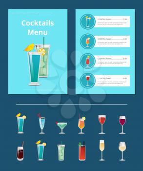 Cocktails menu bar layout with alcoholic beverages in shiny glasses. Vector illustration with design of front page and ingredients cost prices