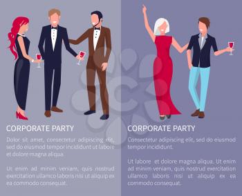 Corporate party poster with colleagues dancing, having fun and communicating . Vector illustration with coworkers on violet background and place for text