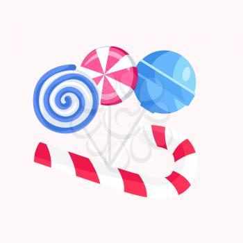 Sweet colorful lollipops isolated on white background. Delicious confectionery products vector illustration. Caramel candies on cane and Christmas candy. Yummy treats for kids and grown ups.