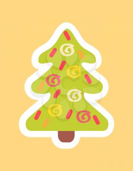 New Year tree decorated by abstract doodles sticker in white framing vector illustration isolated on beige background, Merry Christmas concept