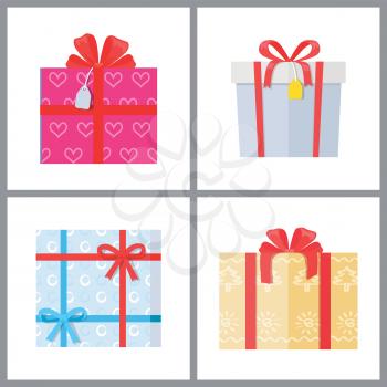 Set of gift boxes in decorative wrapping with color ribbons and bows flowers isolated on white background. Present packages surprises vector