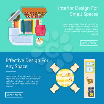 Interior design for small spaces and effective design for any space, kitchen and living room pictures with furniture and text on vector illustration