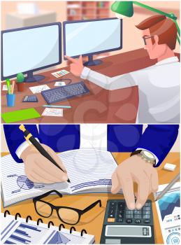 Businessman working with documents sitting at table checks results of financial activities. Man works with computer and financial chart and graph, take note on notebook check report with statistics