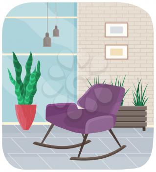 Living room furniture design concept modern home interior element. Retro lilac colored armchair in hall. Modern soft rocking chair with upholstery of cloth, place for rest and relaxation in apartment