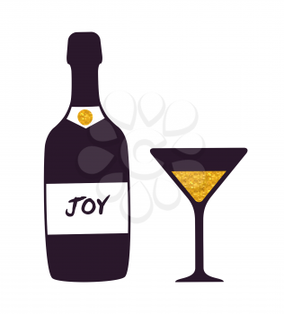 Joy bottle and glass icon isolated on white background. Vector illustration with alcoholic beverage glasswear with label and martini drink