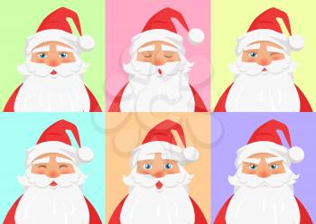 Shown set of different emotions from Santa Claus on colourful background. Vector illustration of normal, sleepy cool funny angry and surprised faces. Expressing moods through nonverbal communication.