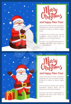 Merry Xmas and Happy New Year postcard Santa Claus reading wishlist sitting on wooden stump, Father Christmas with gift boxes vector poster on snow