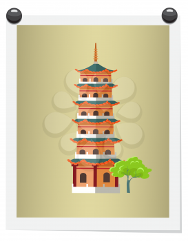 Taiwanese tall building on isolated photograph attached by black drawing pins on white. Vector colorful illustration in flat design of high asian architecture construction with near green tree
