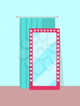 Clothing store and changing room, curtain and big mirror with frame of pink color, place for women to put on clothes, isolated on vector illustration