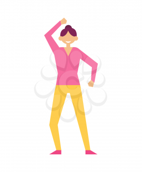 Woman dancing at birthday party, poster with female wearing sweater and trousers of yellow color, vector illustration isolated on white background